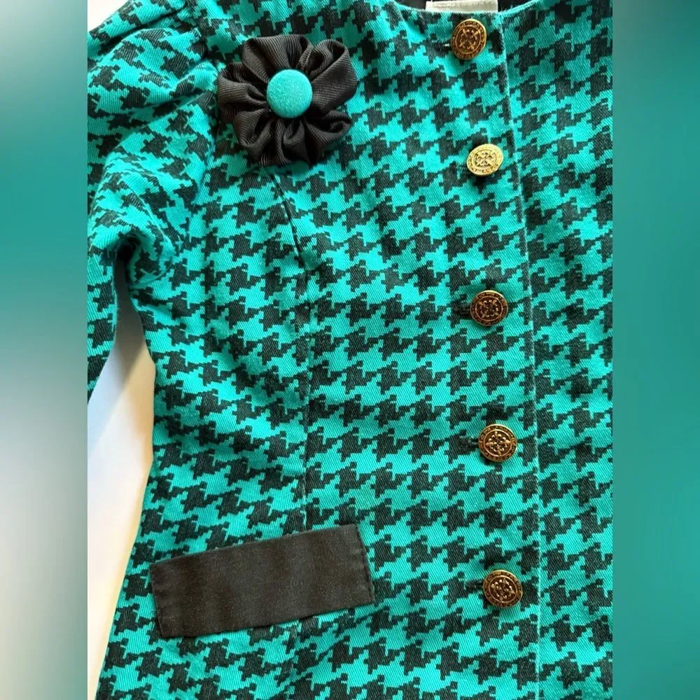 Vintage 90s Nannette Girls' Teal and Black Houndstooth Jacket and Skirt Set